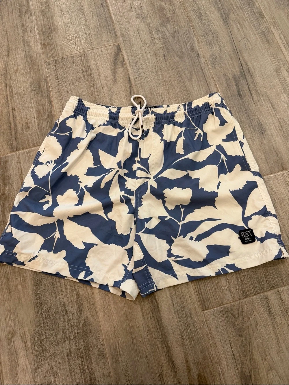 Men's Blue and White Floral Swim Board Shorts with Drawstring